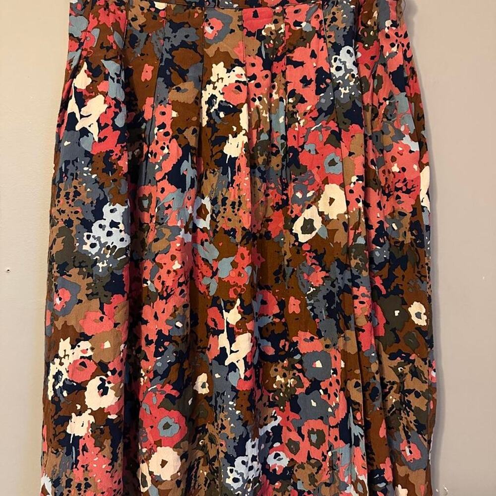 Talbots Petite 12P Floral Pleated Midi Skirt Multicolor Pink Navy Brown